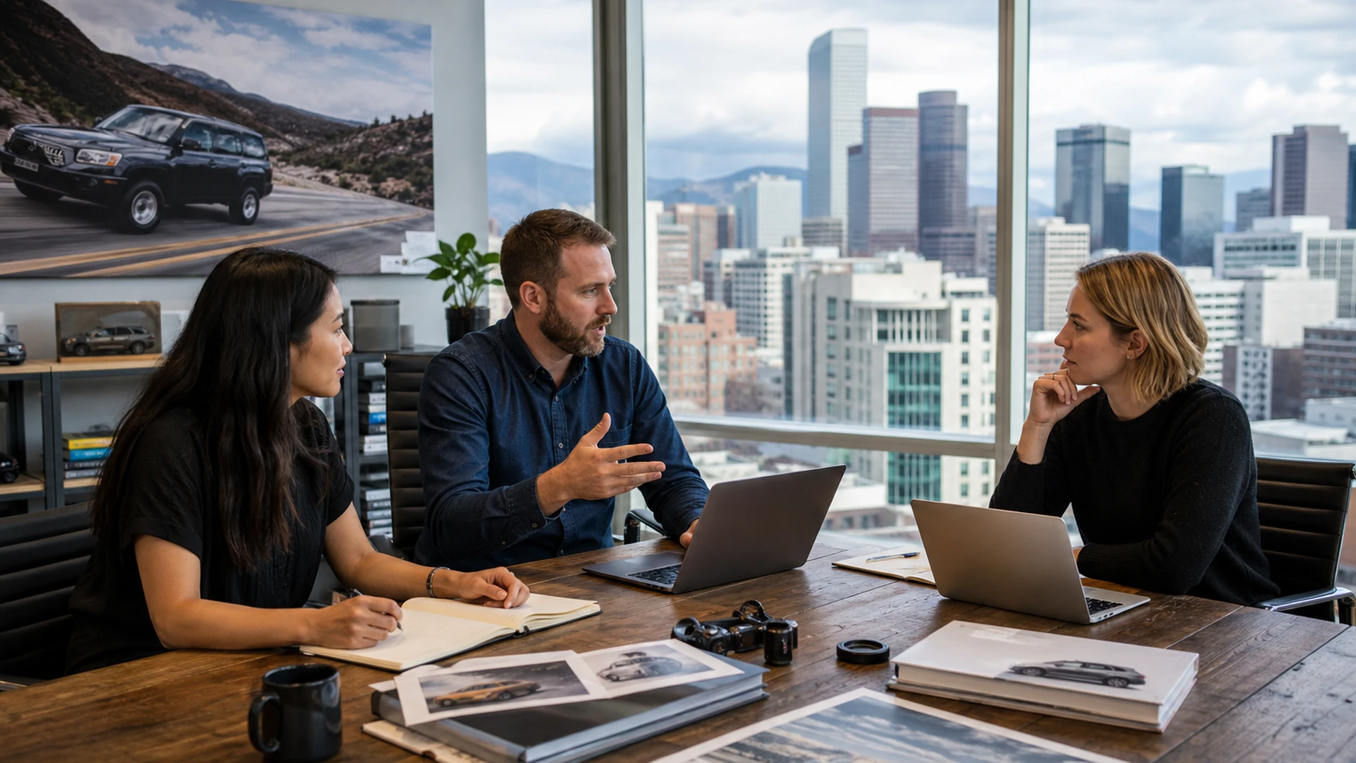 Editorial team planning seasonal vehicle maintenance educational materials in Denver office, 1920x1080