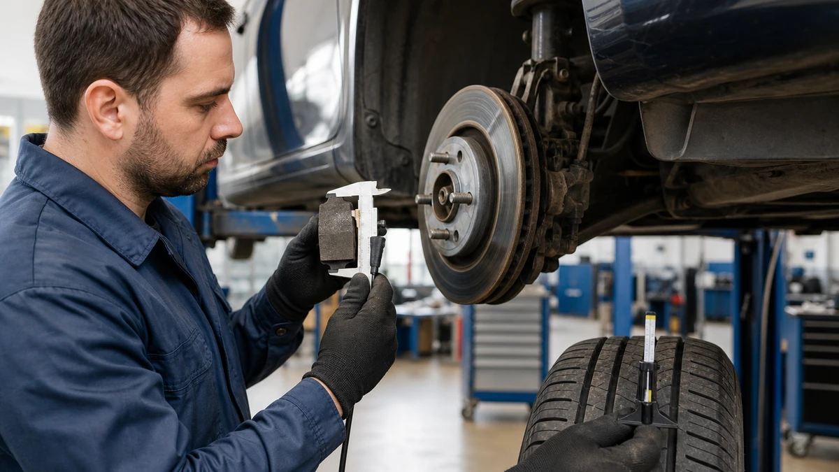 Seasonal brake and tire inspection with measurement documentation in service bay, 1200x675
