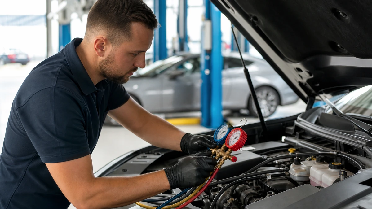 Summer vehicle air conditioning and fluid level inspection at licensed service center, 1200x675